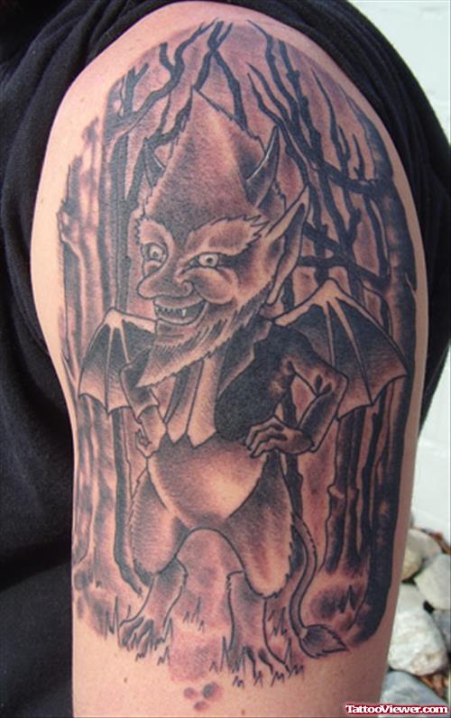 Grey Ink Devil Left Half Sleeve Tattoo