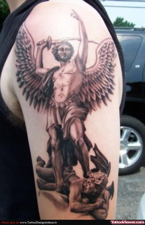 Grey Ink Archangel And Devil Tattoo On Left Half Sleeve