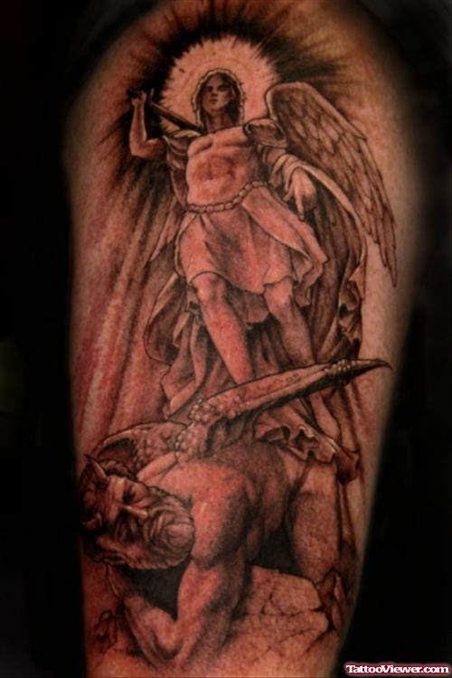 Grey Ink Angel And Devil Tattoos