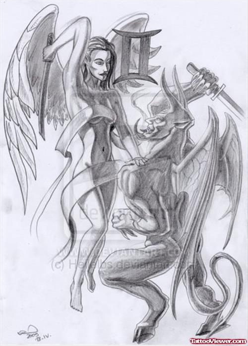 Gemini Angel n Devil Tattoo Drawing