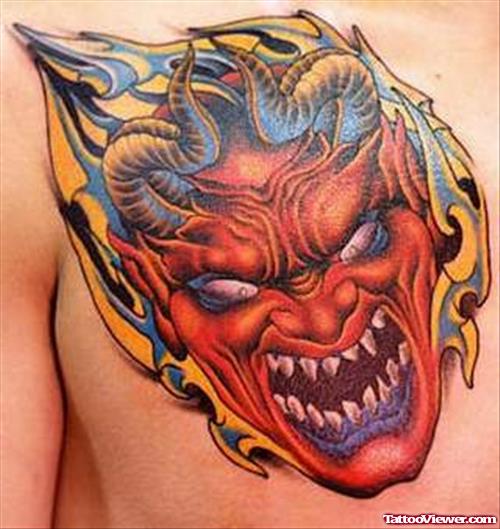 Flaming Devil Head Tattoo On Chest