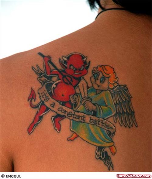 Awesome Angel Devil Tattoo On Back Shoulder
