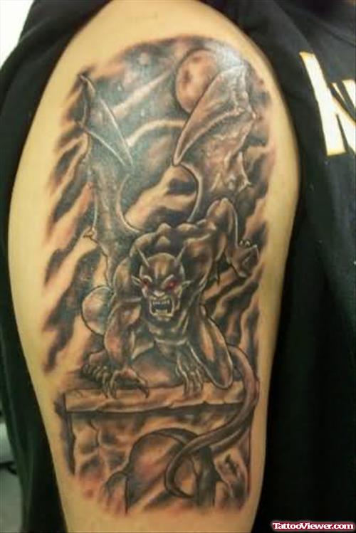 Grey Ink Gargoyle Devil Tattoo On Half Sleeve