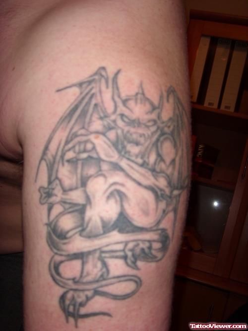 Awesome Grey Ink Gargoyle Devil Tattoo On Half Sleeve