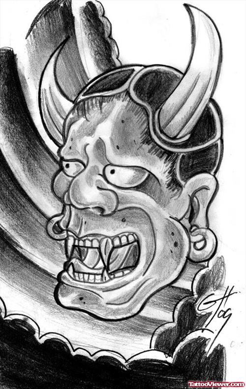 Japanese Devil Mask Tattoo Sketch