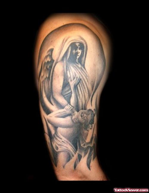 Half Angel And Half Devil Tattoo On Right Sleeve