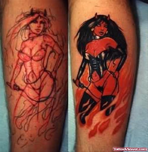 Devil Girl Tattoo On Leg