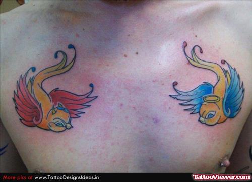 Good And Devil Birds Tattoos On Chest