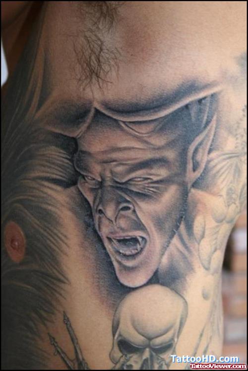 Grey Ink Devil Side Rib Tattoo