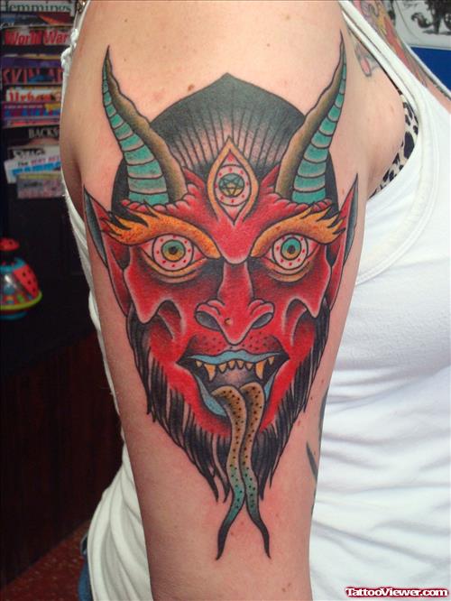 Beautiful Devil Face Tattoo Design On Shoulder