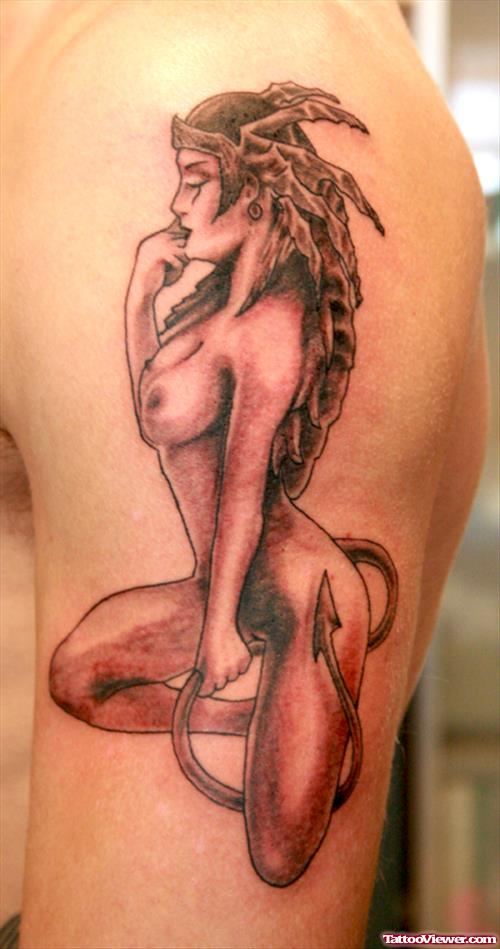 Awesome Grey Ink Devil Girl Tattoo On Left Half Sleeve