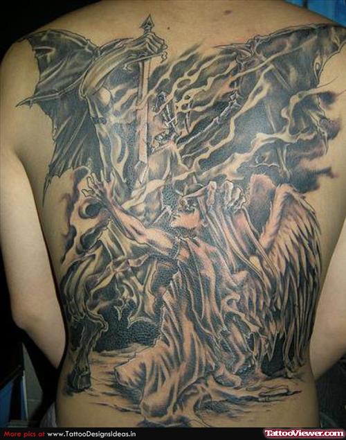 Grey Ink Devil Tattoo On Back Body For Girls
