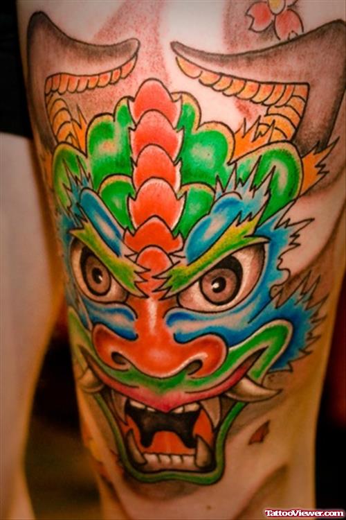 Colored Devil Tattoo On Left Thigh