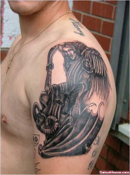 Awesome Grey Ink Angel And Devil Tattoo On Left Shoulder