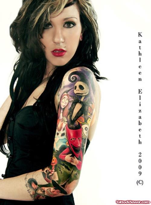 Girl Left Sleeve Colored Devil Tattoo