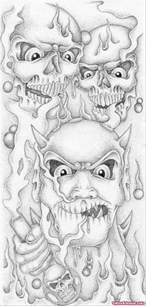 Flaming Devil Skulls Tattoos Design