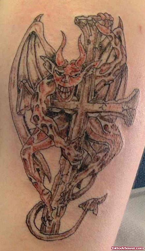 Awesome Devil With Cross Tattoo Design
