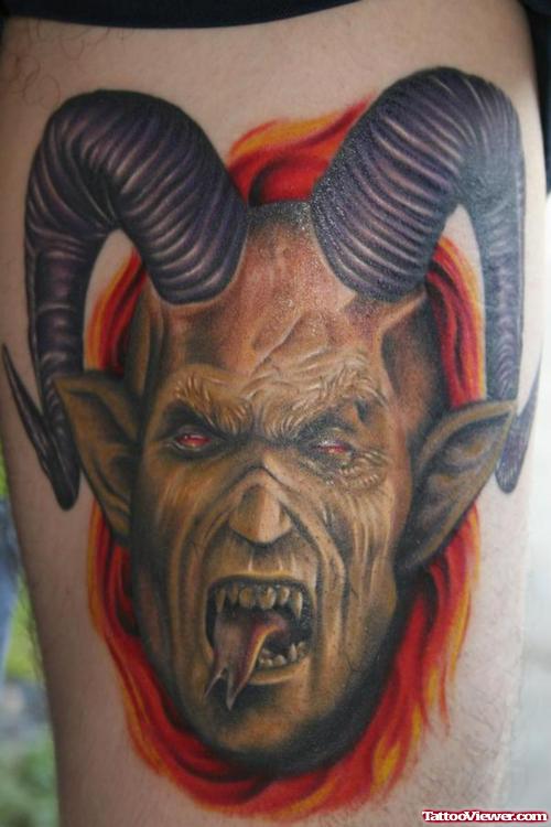 Awesome Colored Ink Devil Head Tattoo