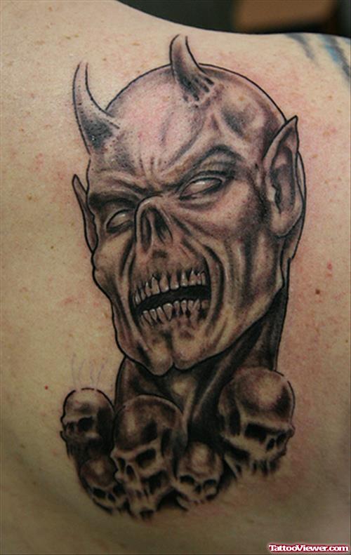 Devil Head Tattoo On Right Back Shoulder