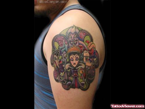 Colored Devil Heads Tattoos On Left Shoulder
