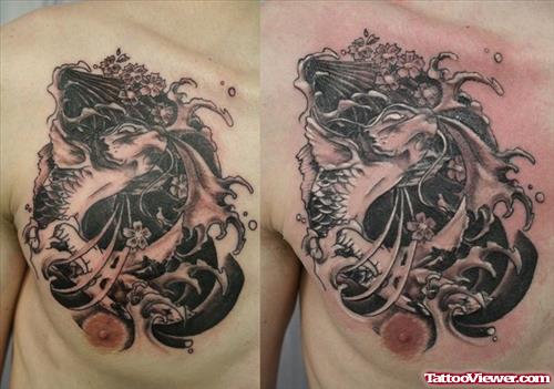 Attractive Grey Ink Devil Tattoo On Man Chest