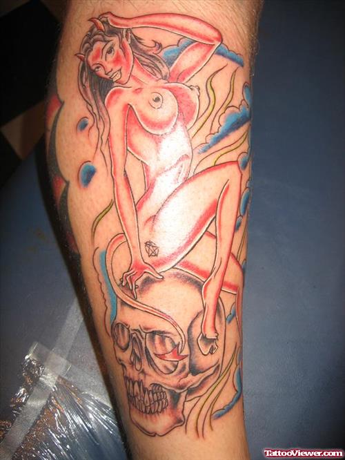 Devil Devil Girl And Skull Tattoo On Leg