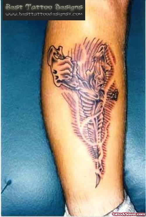 Attractive Grey Ink Devil Tattoo On Leg