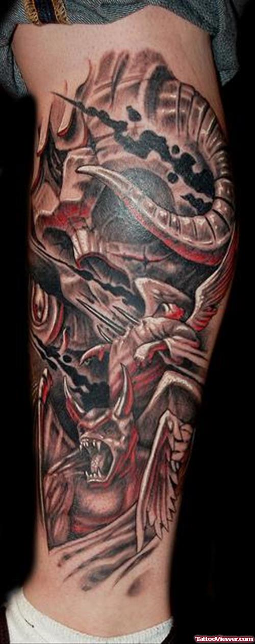 Biomechanical Devil Tattoo On Leg