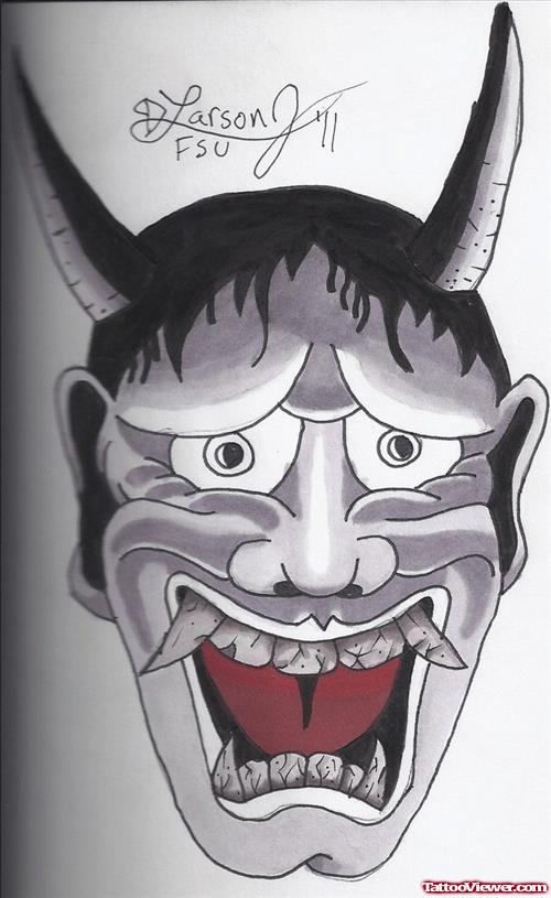 Awful Japanese Devil Mask Tattoo Design