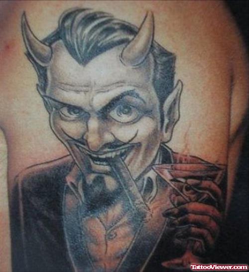 Awesome Smoking Devil Tattoo On Left Half Sleeve