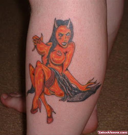 Attractive Devil Girl Tattoo On Leg