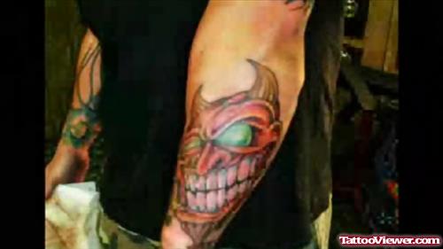 Angry Devil Head Tattoo On Left Sleev
