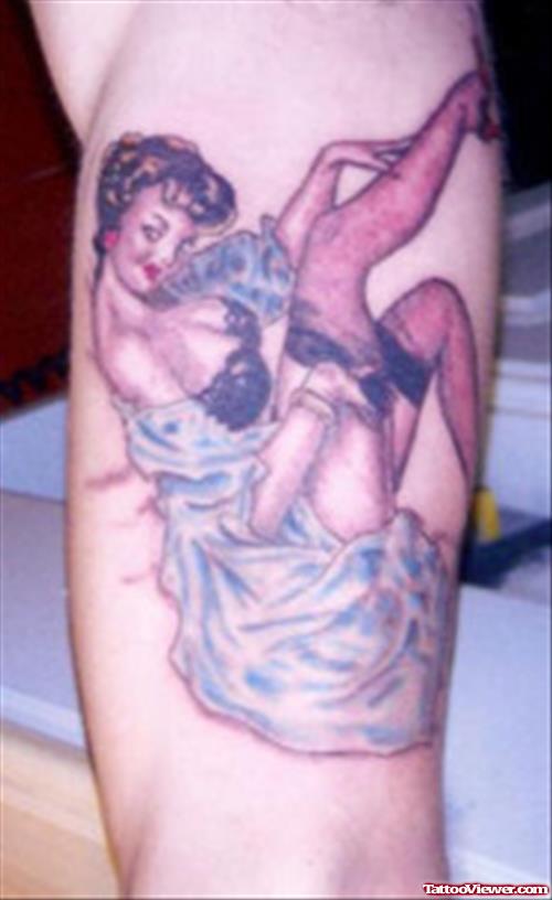 Color Ink Devil Pinup Girl Tattoo On Leg