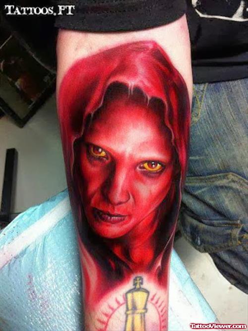Attractive Red Ink Devil Girl Tattoo On Sleeve
