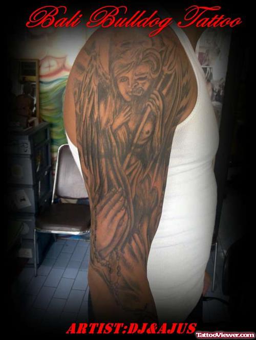 Angel And Devil Tattoo On Man Right Sleeve