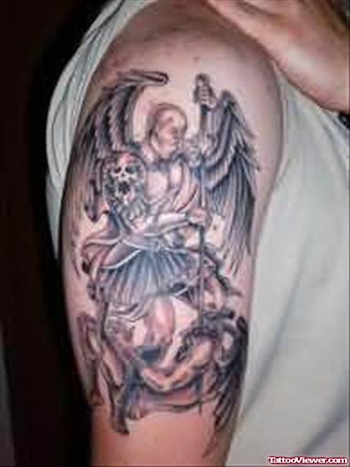 Devil Fighting Tattoo On Shoulder