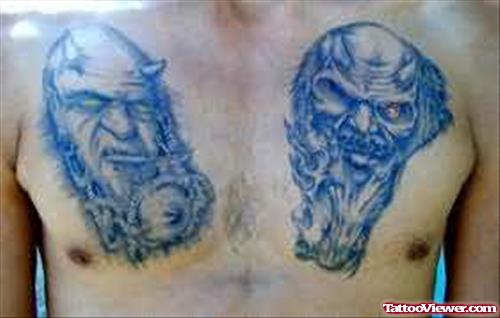 Devil Faces Tattoo On Chest