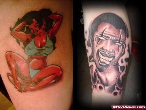Devil Girl And Man Siitting Tattoo