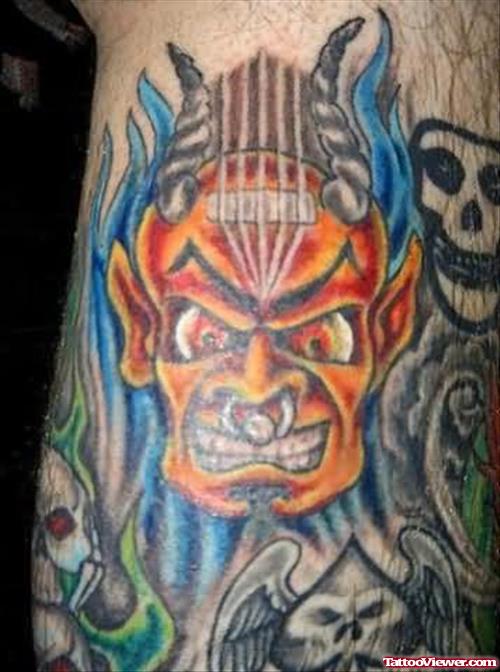 Blue Devil Flame And Skull Tattoo
