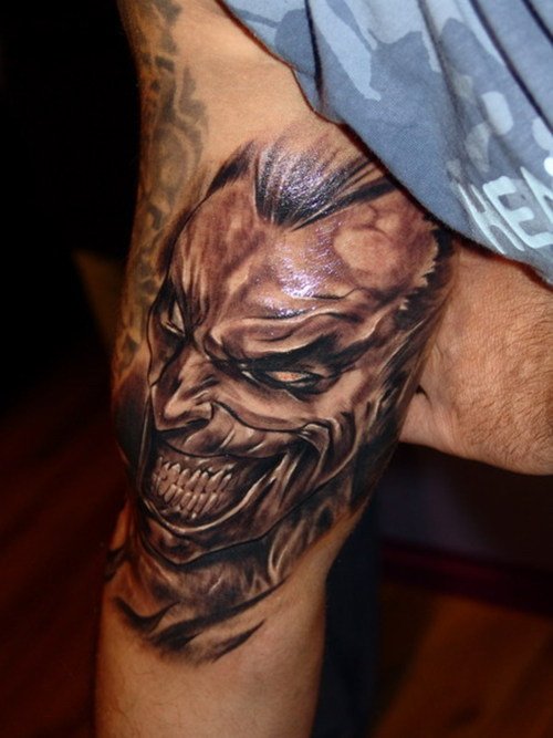 Awesome Grey Ink Devil Tattoo On Right Thigh