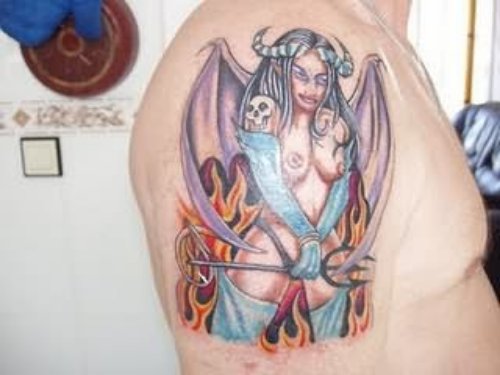 Colored Devil Tattoo On Man Right Half Sleeve
