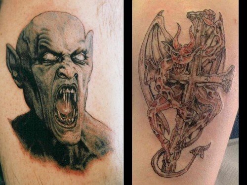 Devil Head And Devil With Cross Tattoo