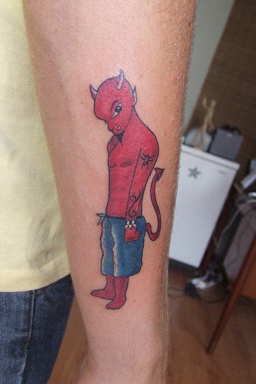 Red Ink Devil Tattoo On Right Sleeve