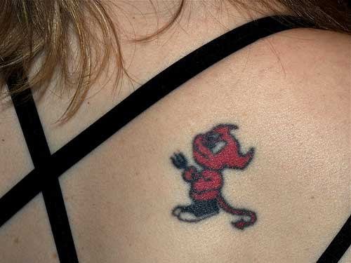 Red Ink Devil Tattoo On Girl Right Back Shoulder