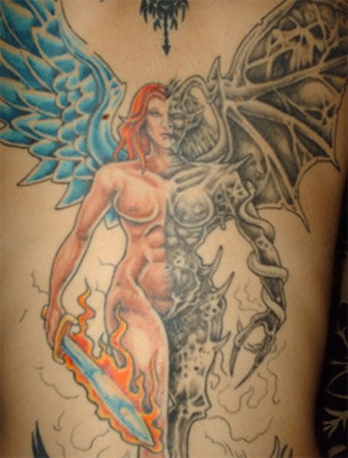 Colored Angel And Devil Tattoo