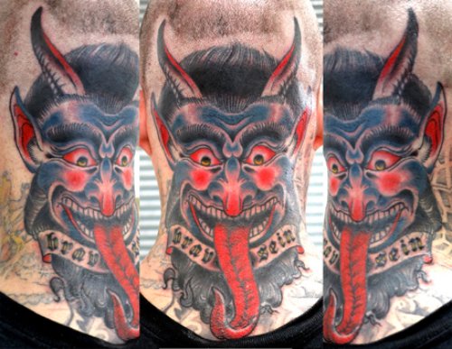 Colored Devil Head Tattoo On Back Neck