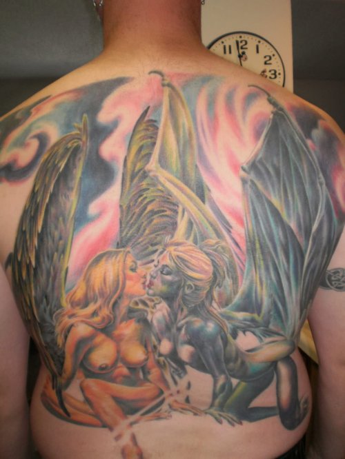 Angel Girl  And Devil Tattoo On back