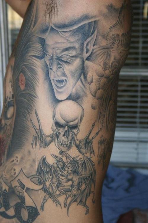 Awesome Grey Ink Devil Tattoo On Rib