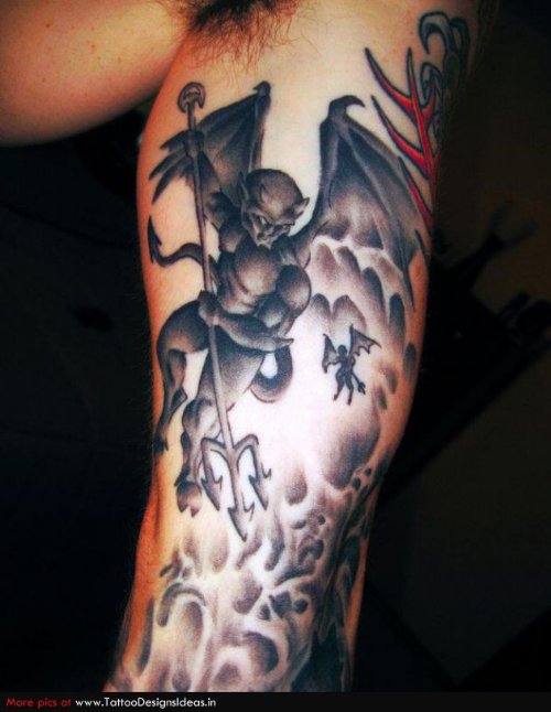 Grey Ink Flying Devil Tattoo On Sleeve