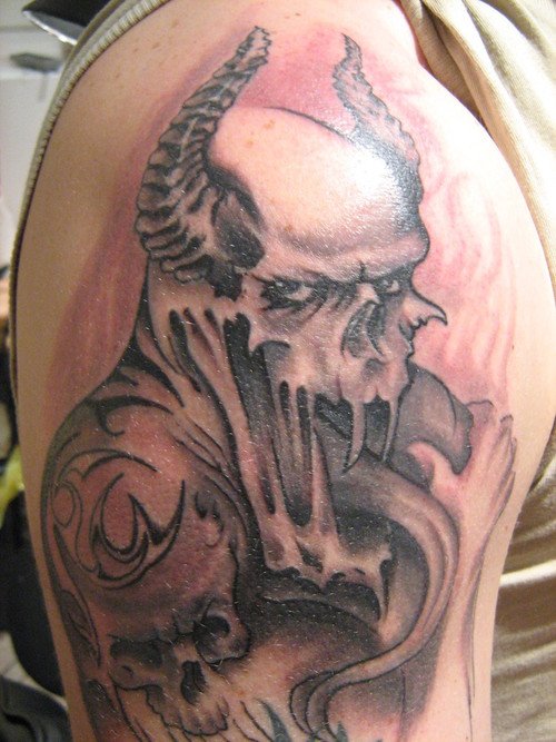 Grey Ink zombie Devil Tattoo On Half Sleeve